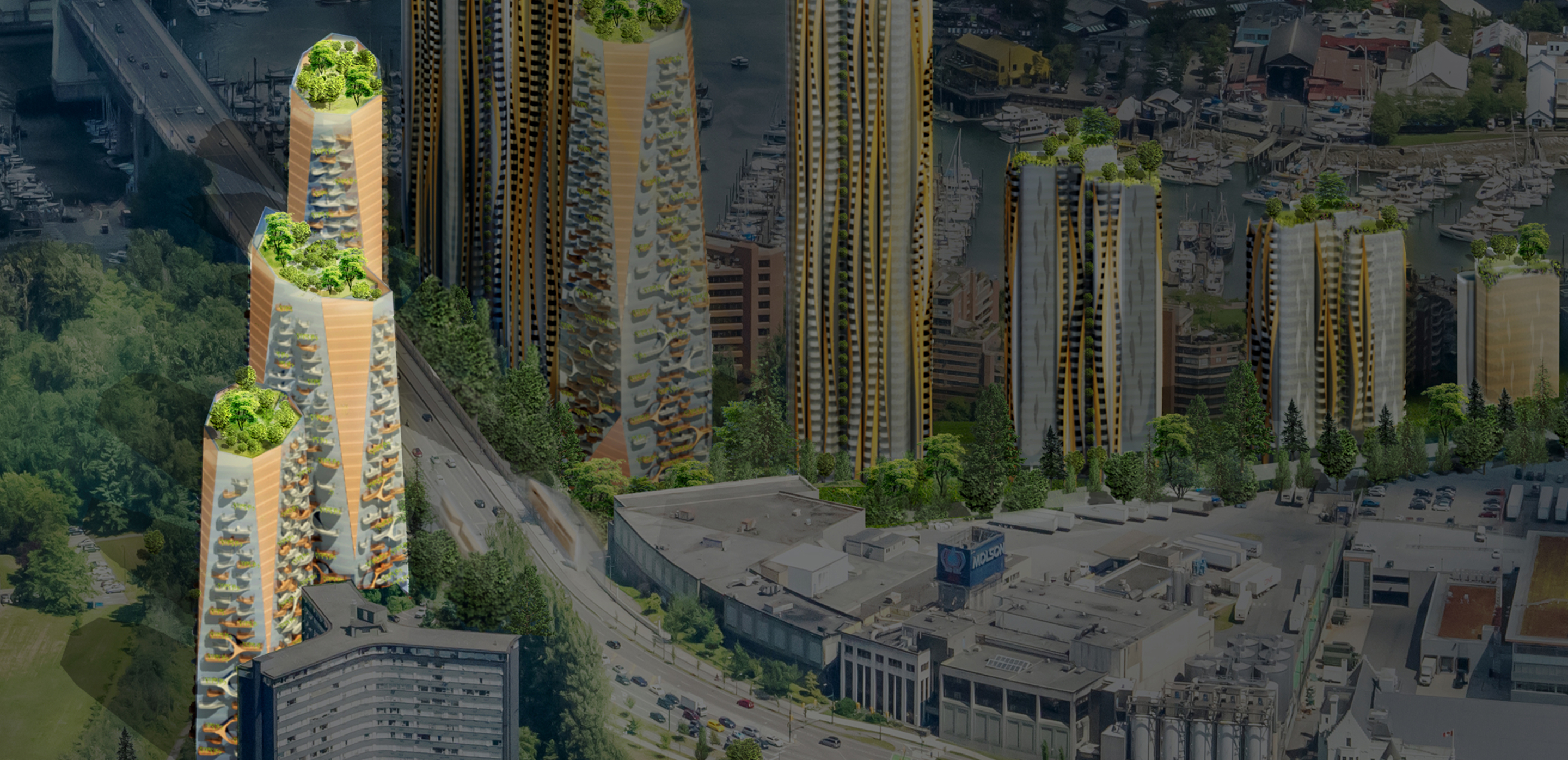 Rendering of Sen̓áḵw towers 1, 2, and 3